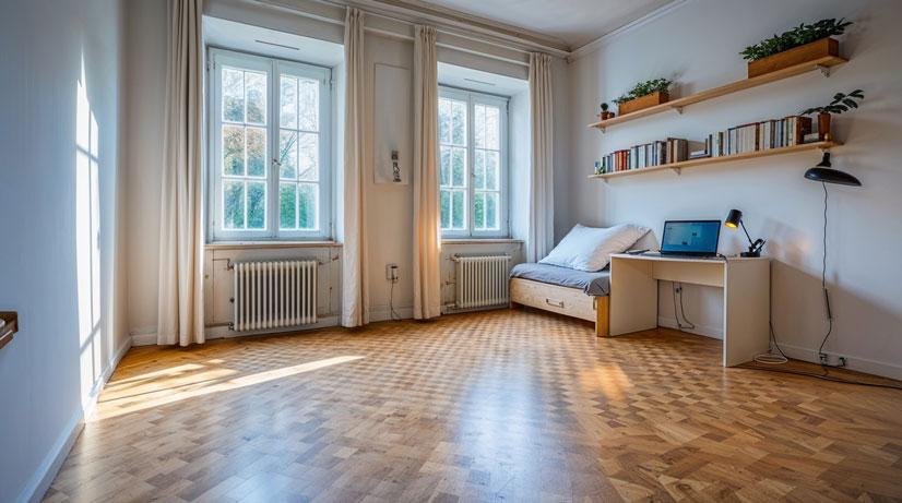 Möbliertes Studentenzimmer mit Schreibtisch und Bett